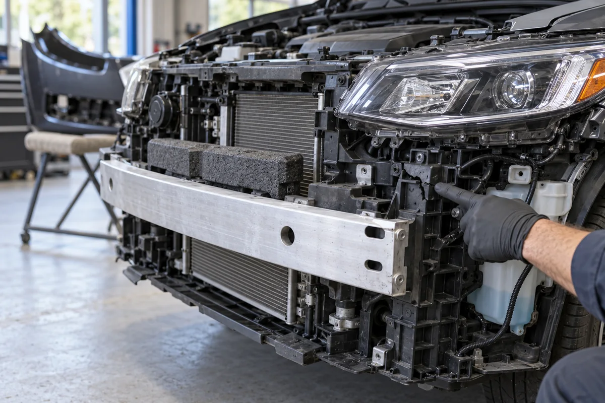 Front bumper cover removed to expose the reinforcement and components behind it