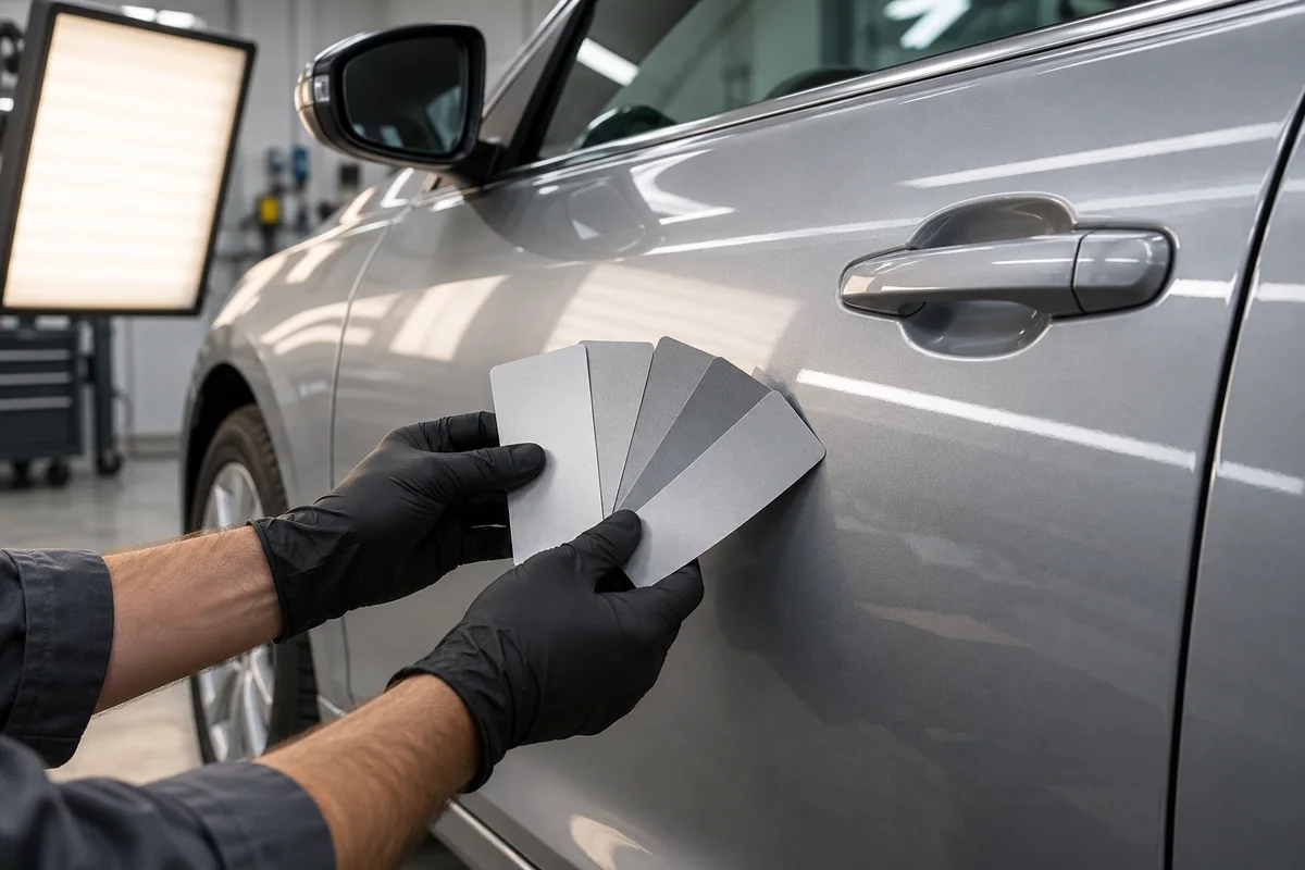 Paint shade samples held against a silver car door