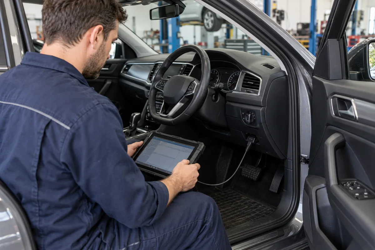 Diagnostic tablet connected to a car to read sensor and warning light faults