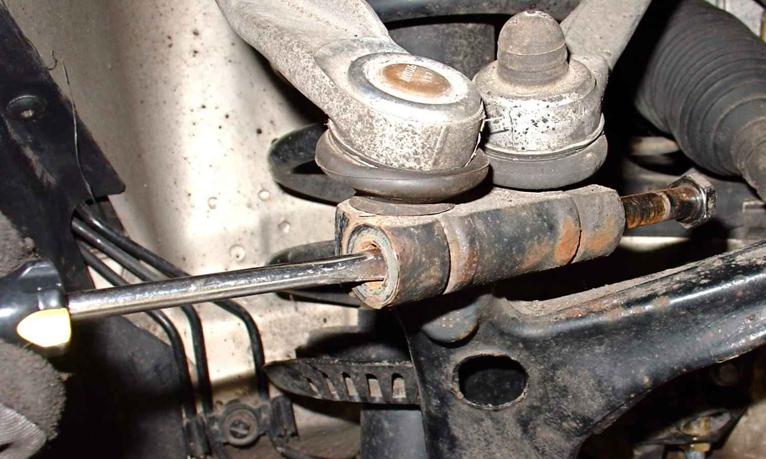 Close view of a suspension bushing and its mounting bolt