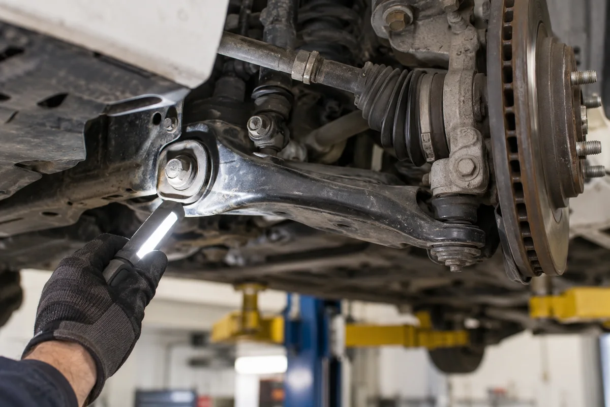 Lower control arm and rubber bushing beneath a raised SUV