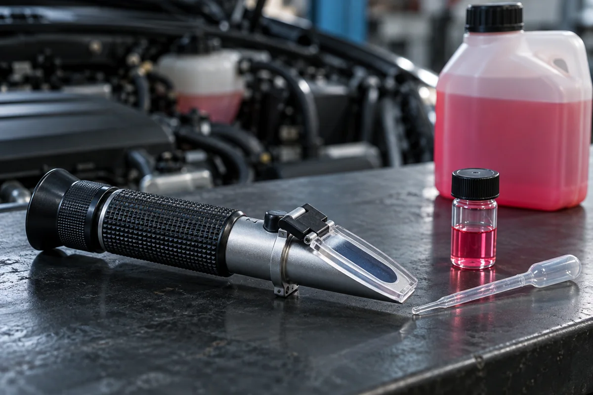 Coolant sample vial beside an optical refractometer