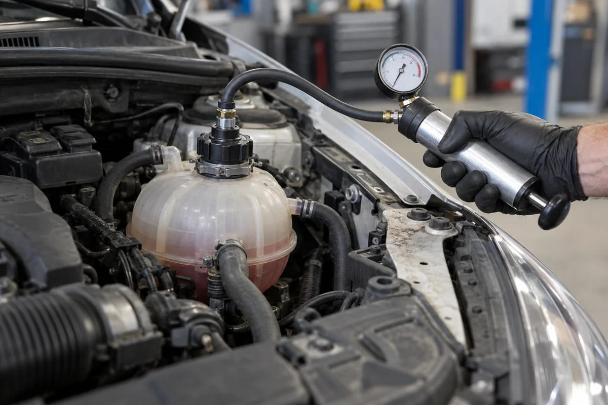 Cooling-system pressure tester connected to an engine coolant reservoir
