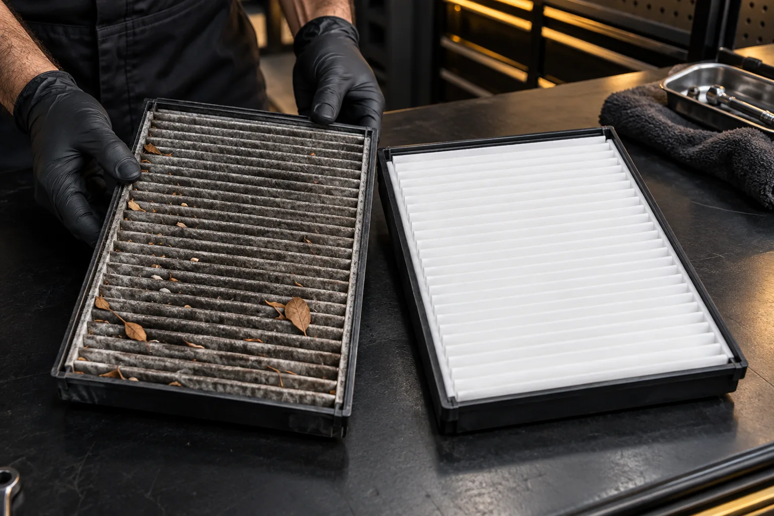 Dusty and clean rectangular pleated cabin air filters on a workshop bench