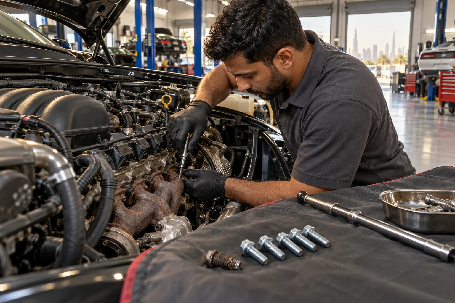 Technician removing a broken exhaust manifold bolt from a Dodge Hemi V8