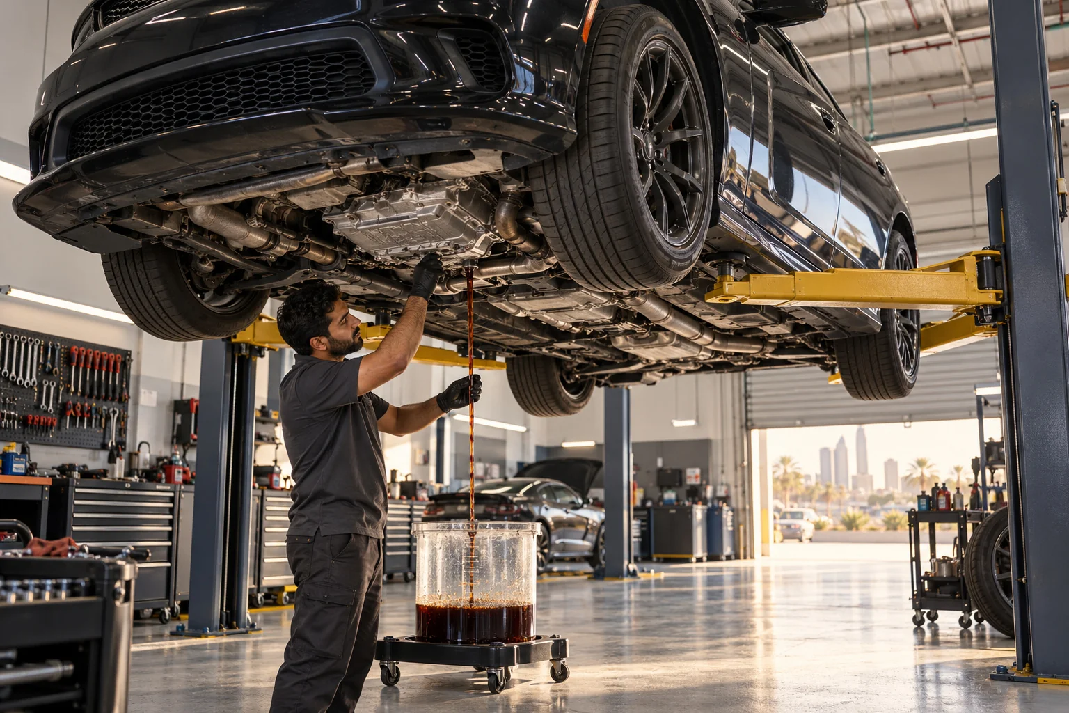 Technician draining automatic gearbox fluid from a Dodge Charger on a lift