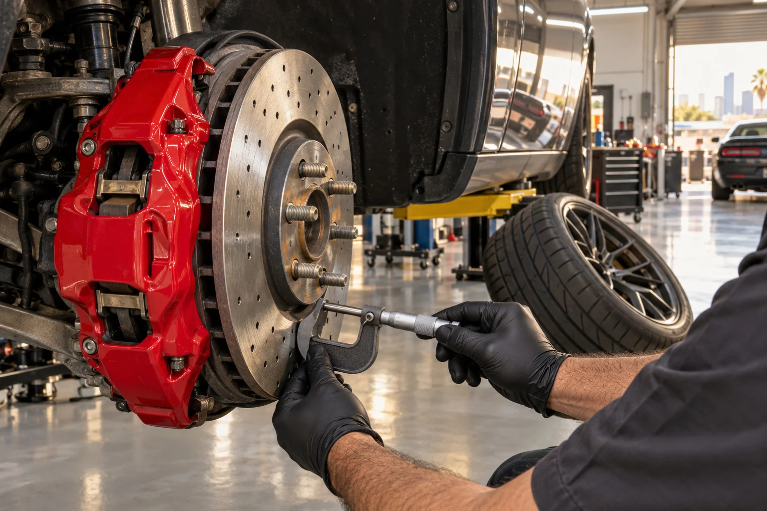 Technician measuring a Dodge Challenger brake disc beside a red caliper