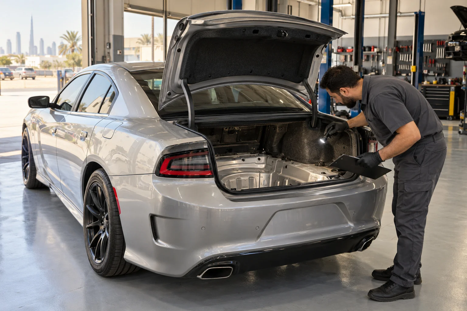 Imported Dodge being checked in the workshop