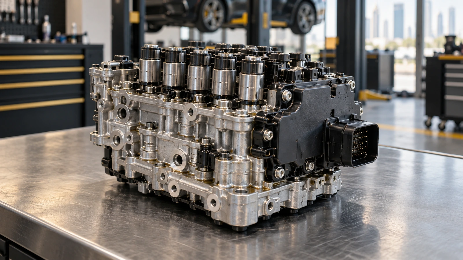Dual clutch gearbox mechatronic unit on a workbench