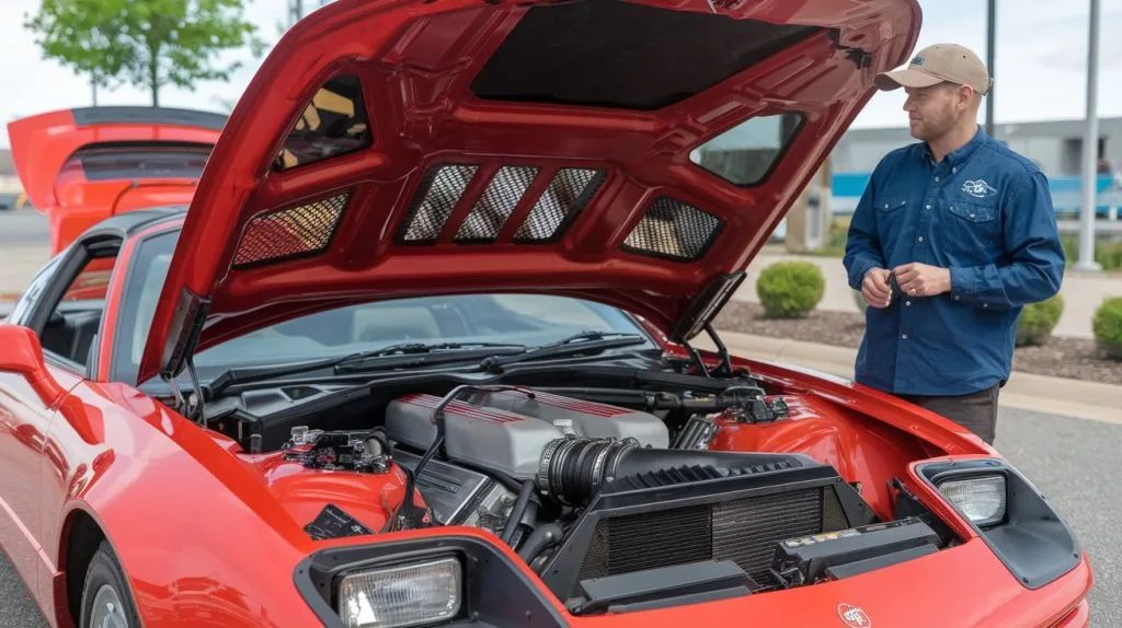 Technician looking over an engine bay during a free initial inspection