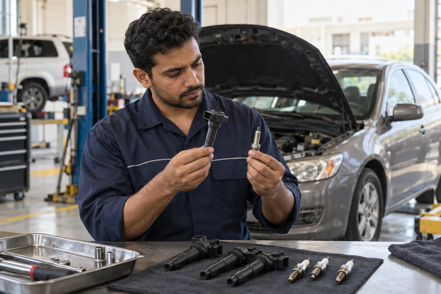 Technician comparing ignition coils and spark plugs during a misfire check