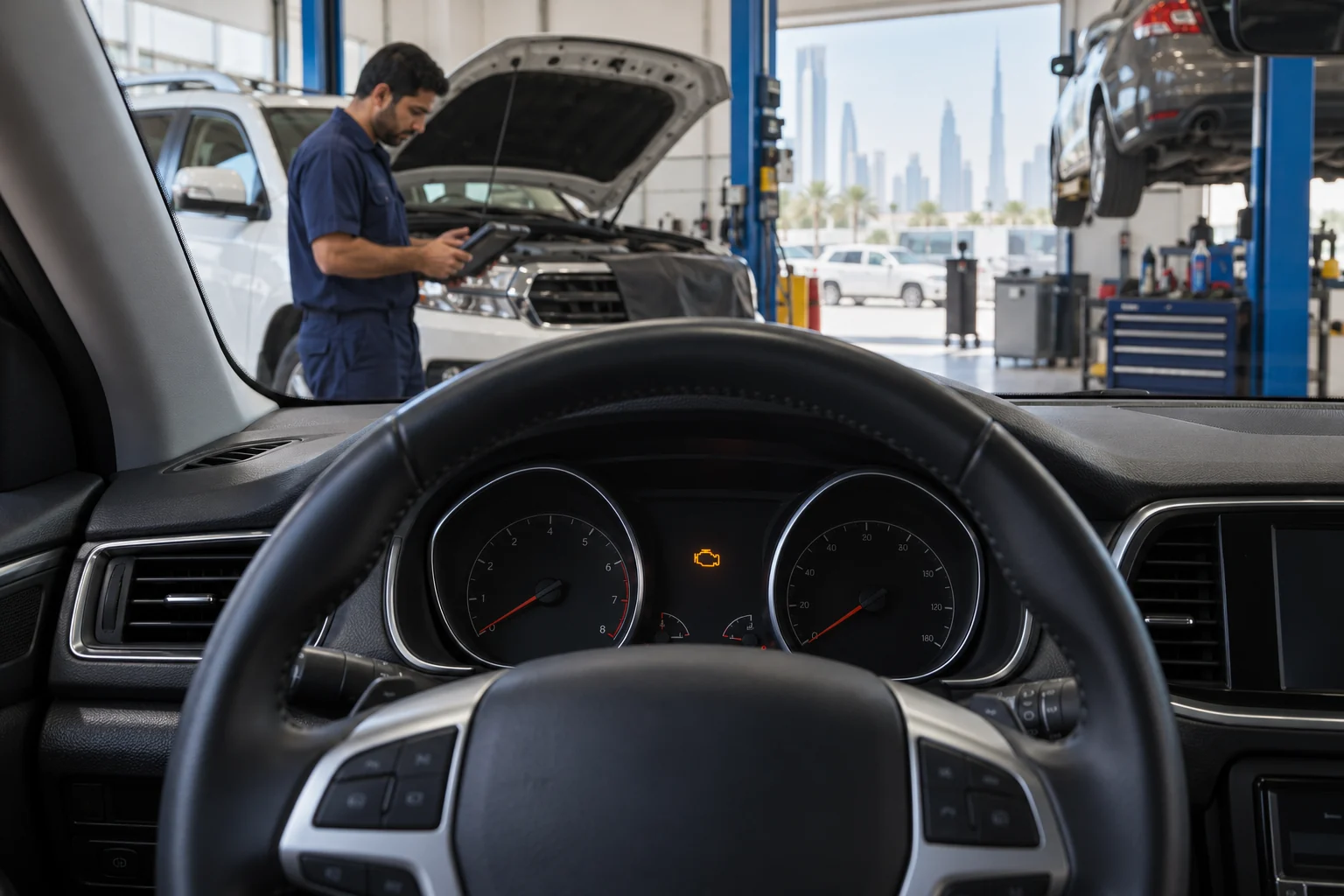 Amber check engine light on a dashboard before diagnosis at a Dubai workshop