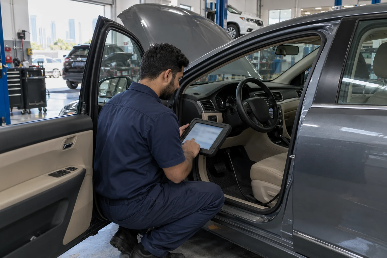 Technician connecting a diagnostic tablet inside a car
