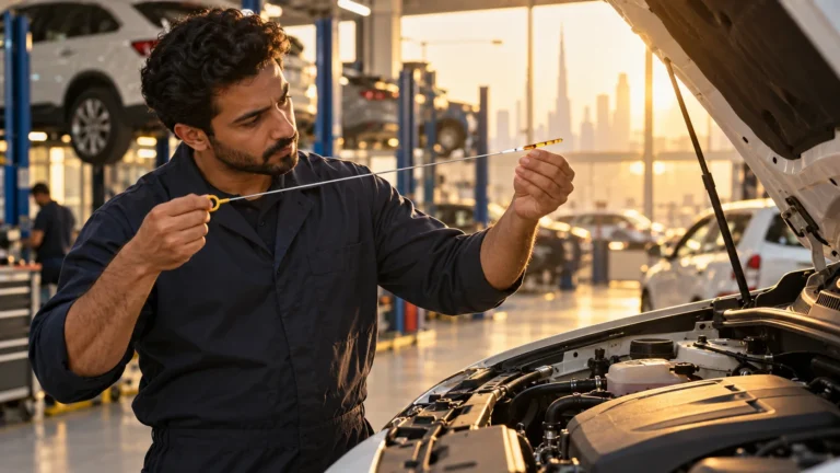 Mechanic checking the engine oil level on the dipstick