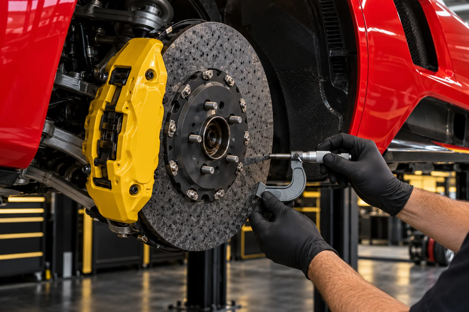 a large carbon ceramic brake disc with a yellow caliper on a lifted supercar, wheel removed, a micrometer measuring the disc, macro detail