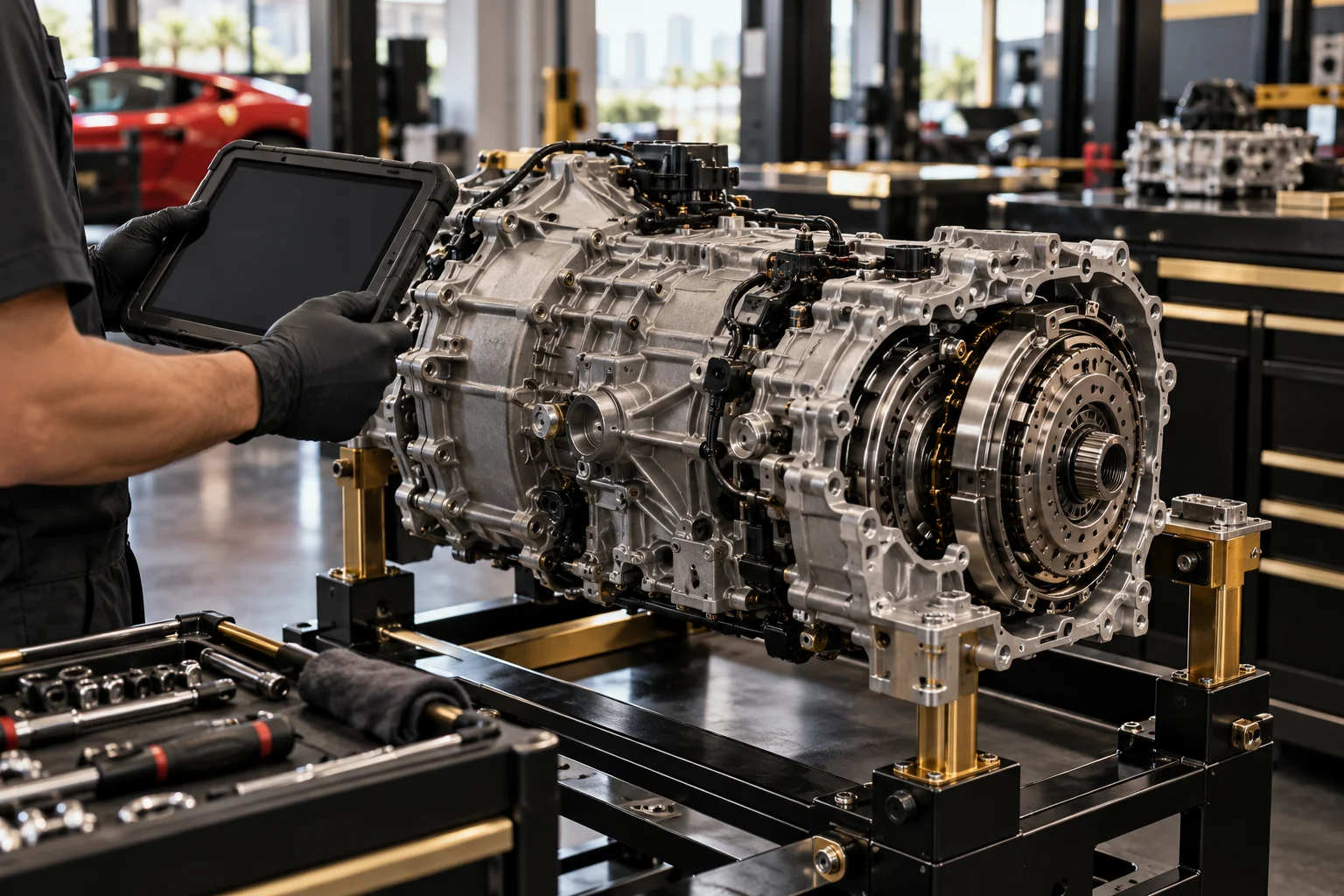 Dual-clutch supercar gearbox on a stand beside a diagnostic tablet