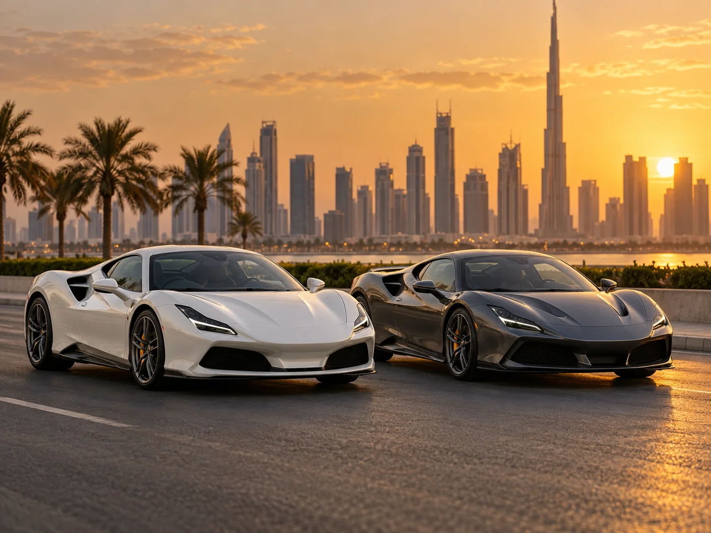 two recent mid engine supercars (one white, one dark grey) side by side on a clean Dubai street at golden hour, towers softly blurred behind