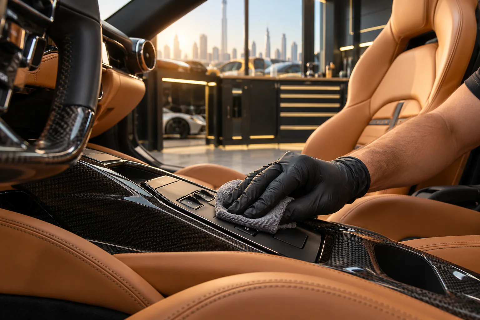 close up of a supercar cabin with tan leather sports seats and carbon trim, a gloved hand refinishing a switch panel with a microfiber cloth, warm daylight through the windscreen