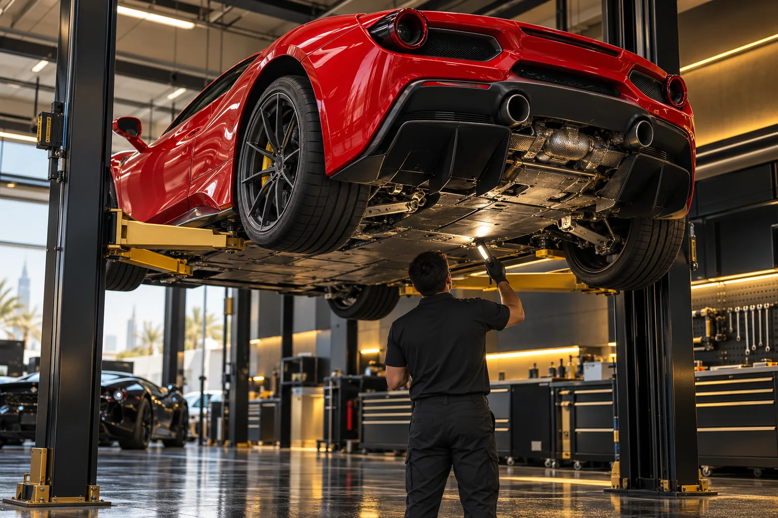 a low supercar on a two post lift, a technician with a torch inspecting the underbody and exhaust from below, gold lit workshop behind
