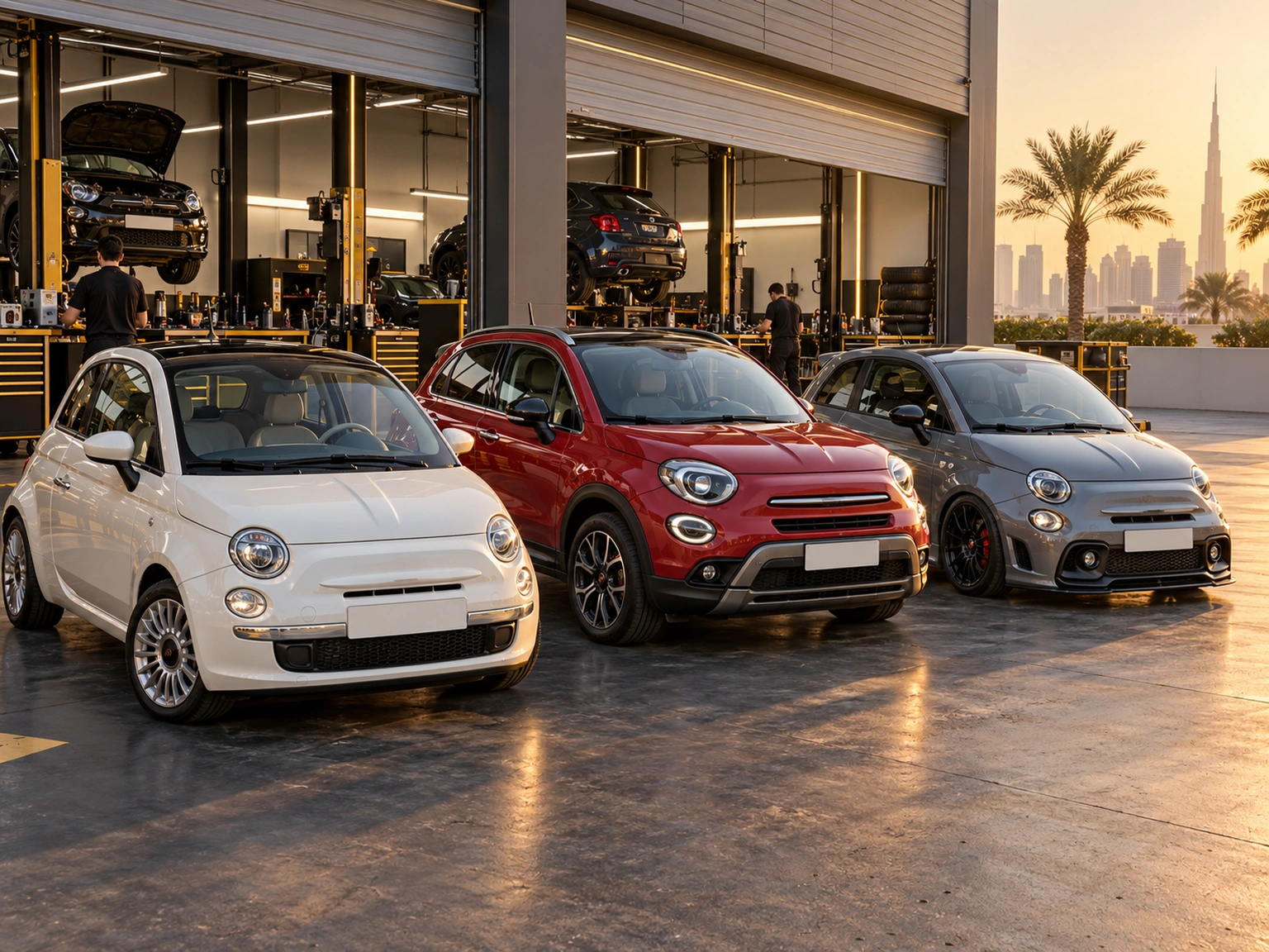 Fiat city hatchback, crossover and sporty hatchback outside a Dubai workshop