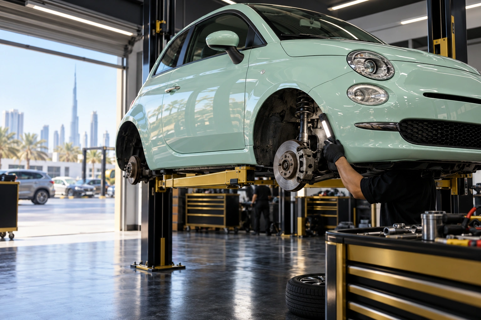 Mint Fiat 500 raised on a workshop lift in Dubai