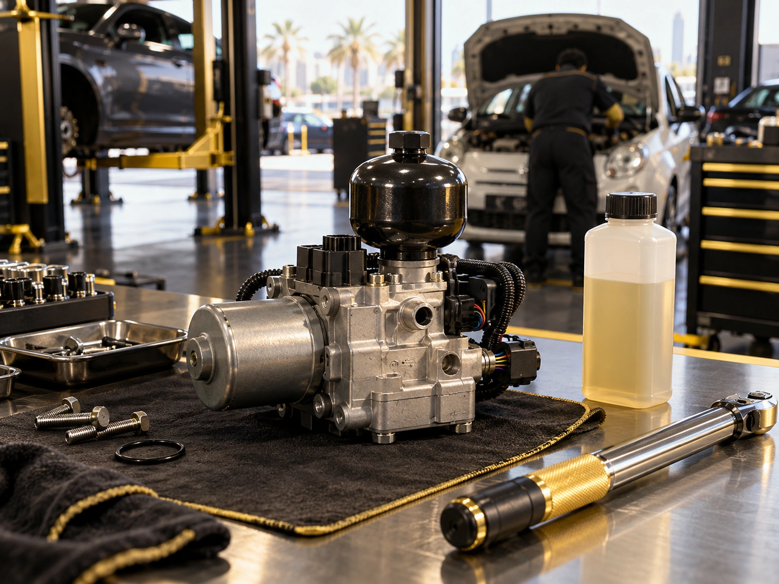 Dualogic gearbox actuator and hydraulic pump on a workbench