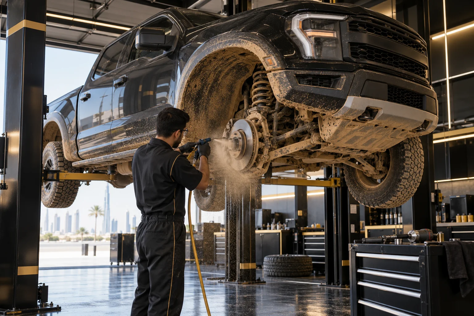 a full size pickup truck on a lift with fine desert sand on the wheels and underbody, a technician blowing sand out of the brakes