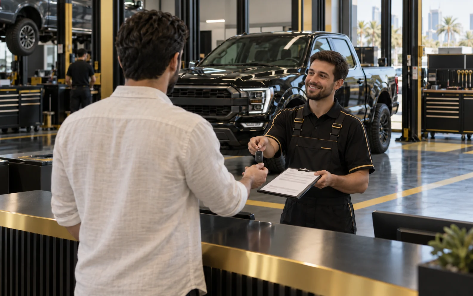 a pickup truck in a clean service bay, a technician handing keys and a job card (no readable text) to a customer seen from behind, black and gold reception counter
