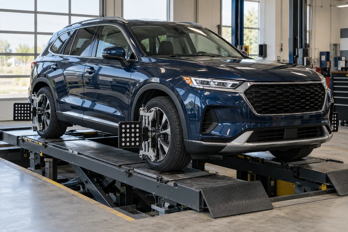 SUV on a four-wheel alignment rack with optical targets on the wheels