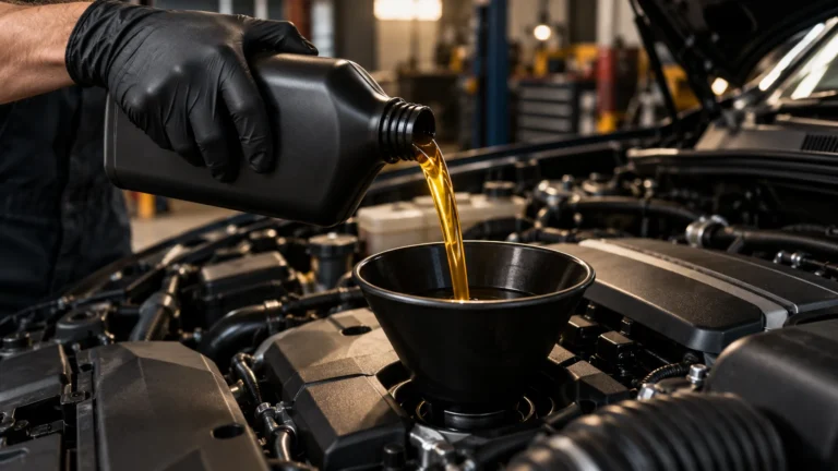 Fresh amber synthetic oil being poured into an engine through a funnel