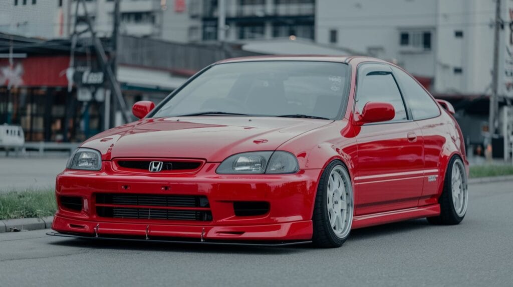 Modified car with a matte black body kit and contrasting red accents.