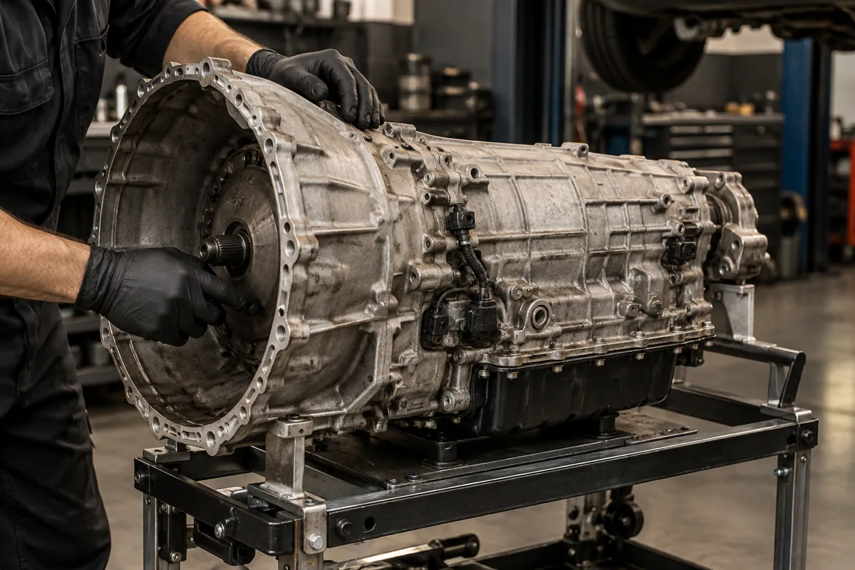Automatic gearbox supported on a transmission trolley during inspection