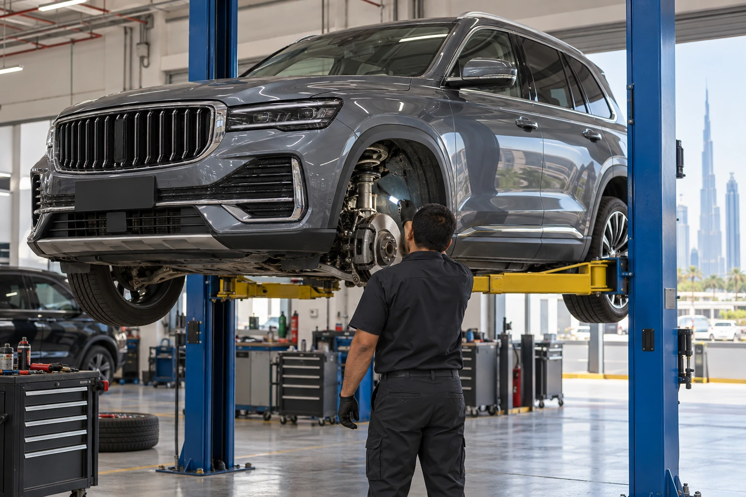 Geely Monjaro front suspension inspection on a lift