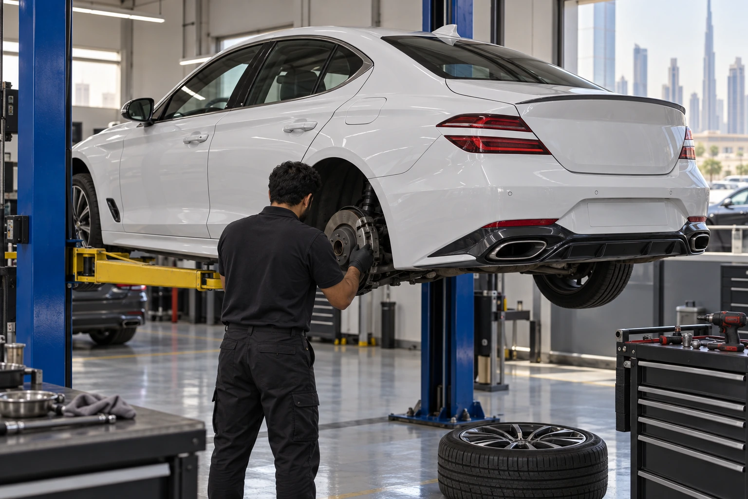 Rear brake caliper and hub inspected on a lift