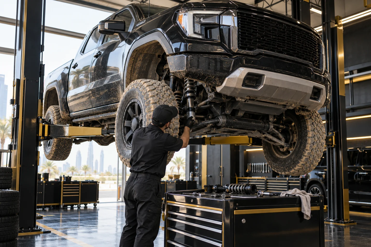 a full size pickup on a lift with sand on the tyres, a technician inspecting a shock absorber and the 4x4 front axle