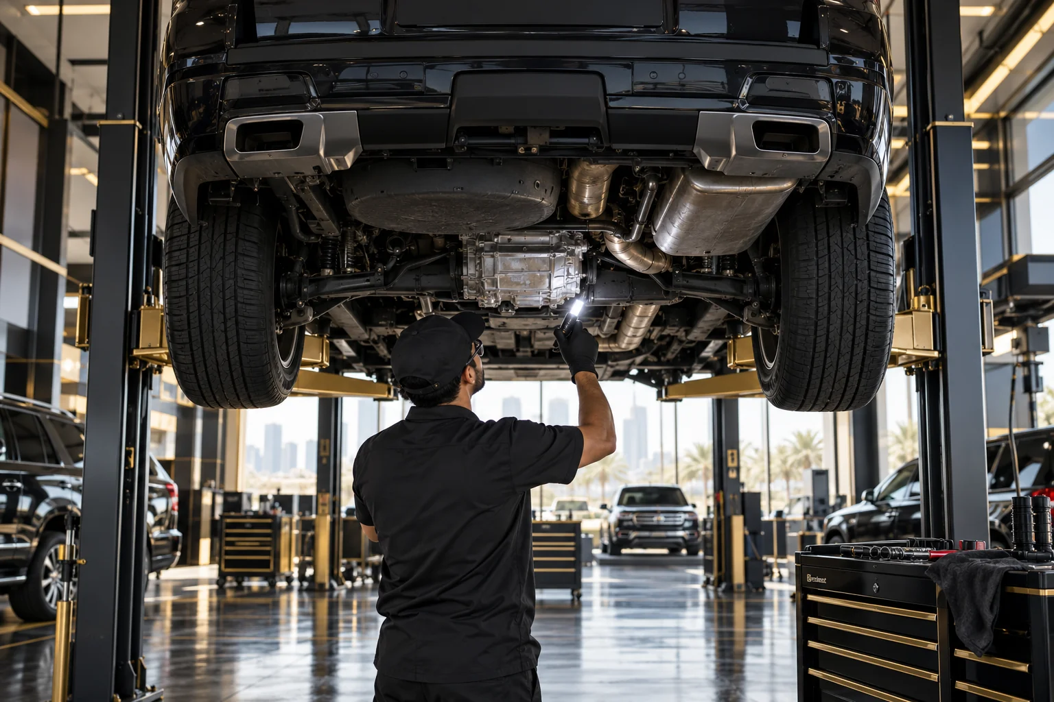 a full size SUV high on a lift, a technician inspecting the underbody, exhaust and gearbox from below with a torch