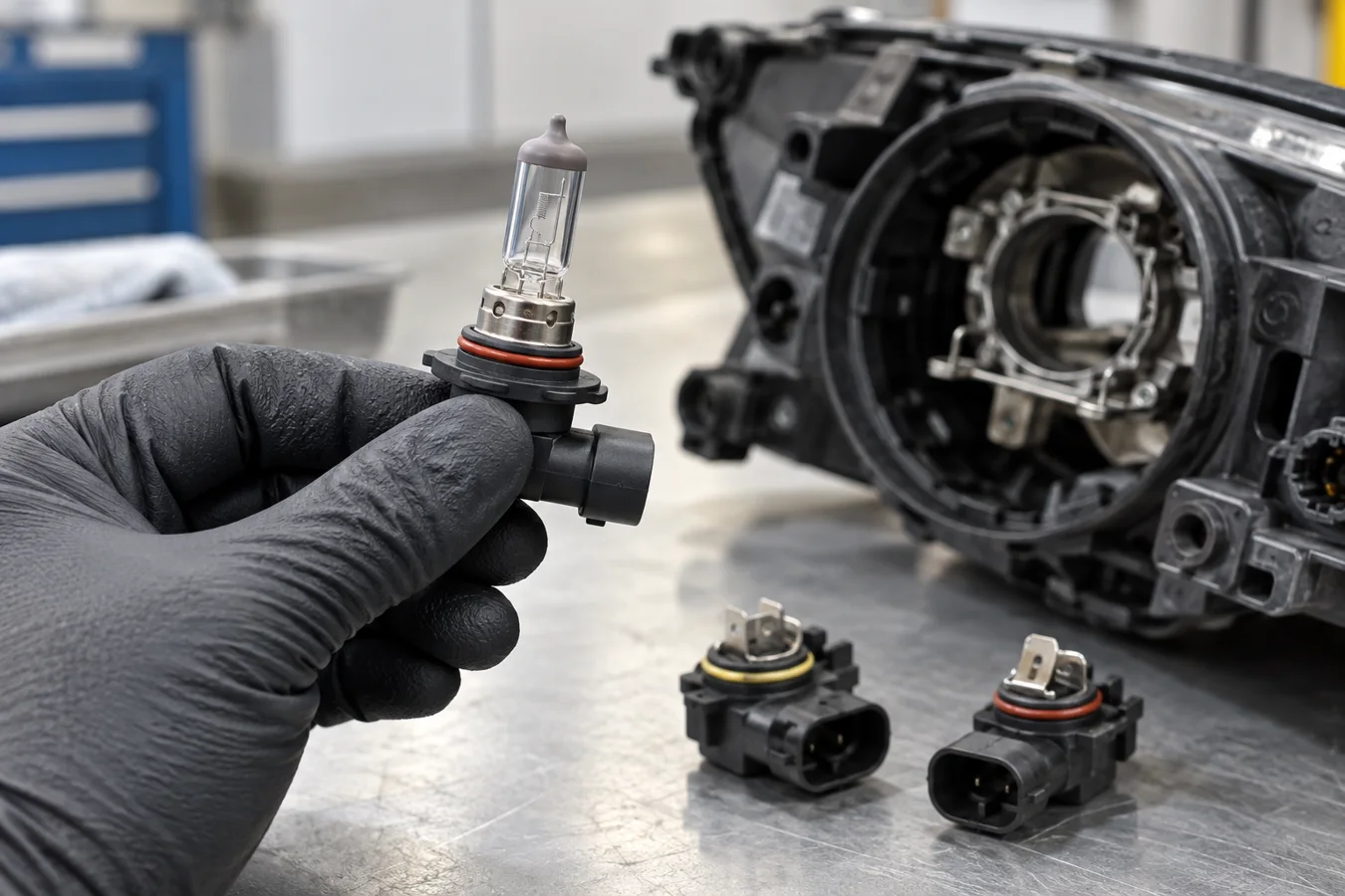 Halogen headlight bulb held by its base without touching the glass