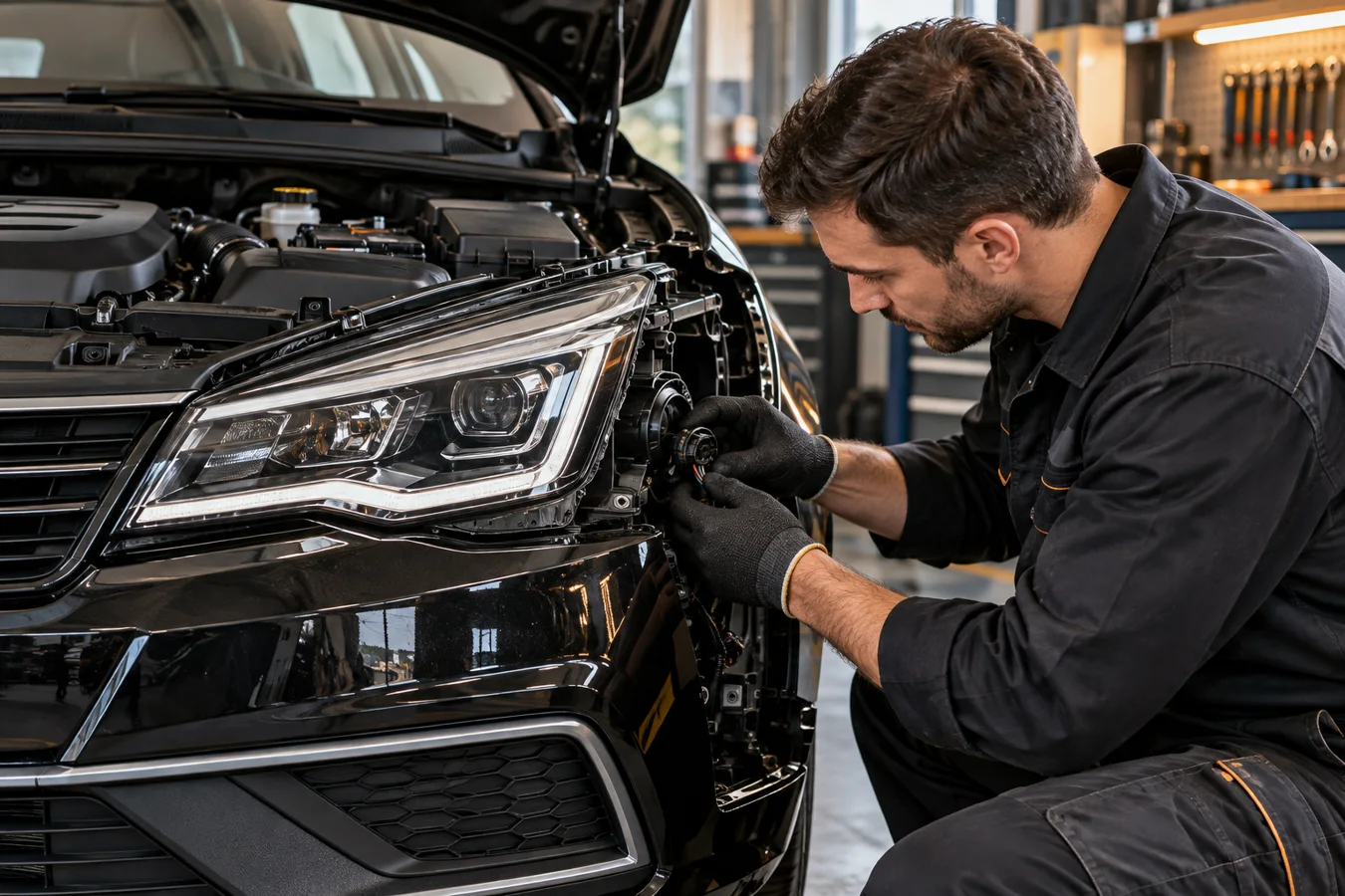 Technician checking a headlamp connection with the bonnet open