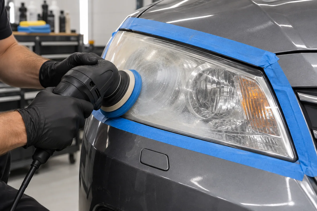 Polishing a cloudy headlamp lens with surrounding paint masked