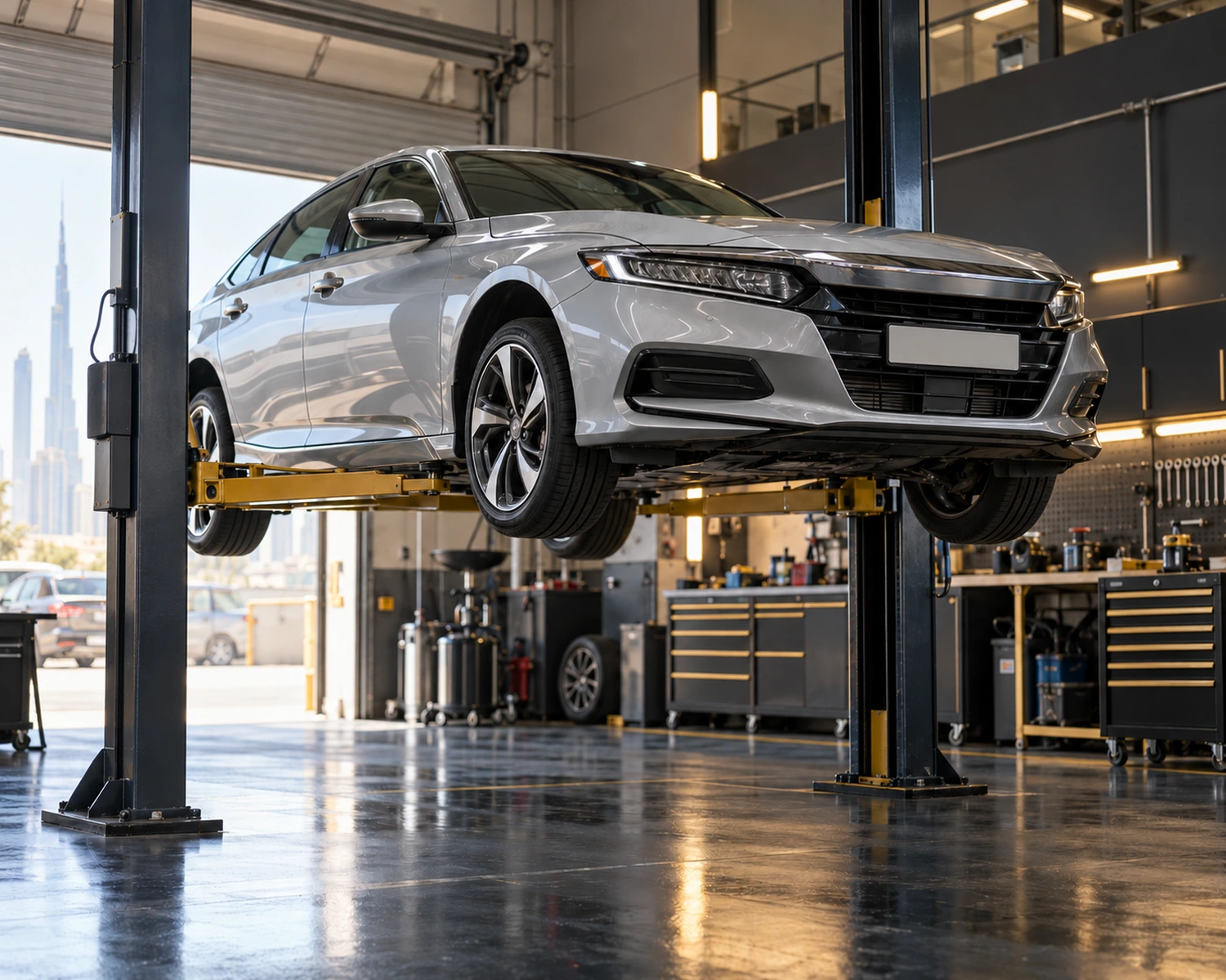 Honda Accord style sedan on a workshop lift in Dubai