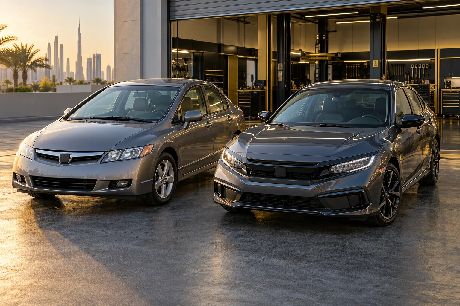 Older and newer Honda Civic style sedans outside a Dubai workshop