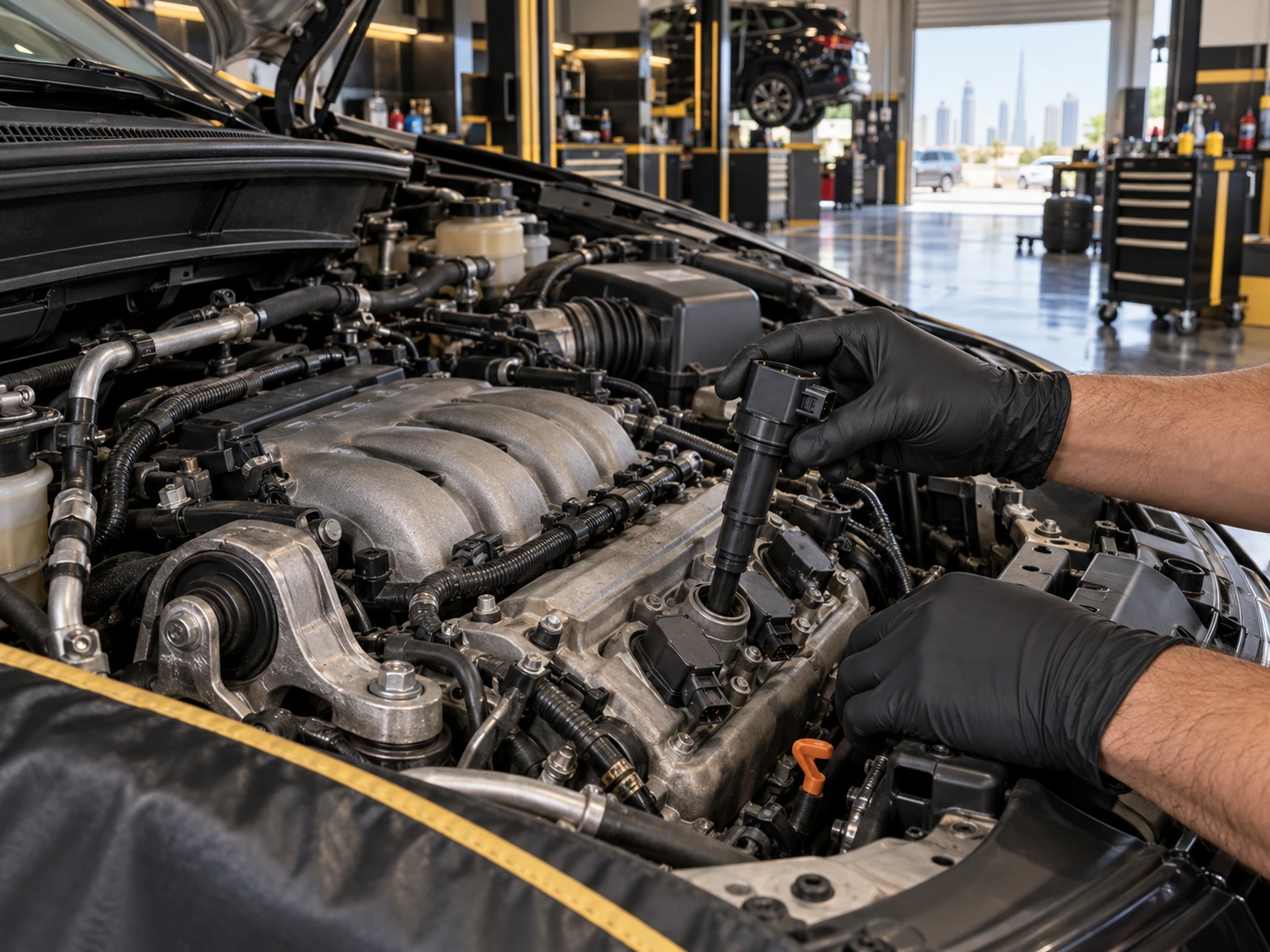 Gloved hands inspecting an ignition coil in a V6 engine bay