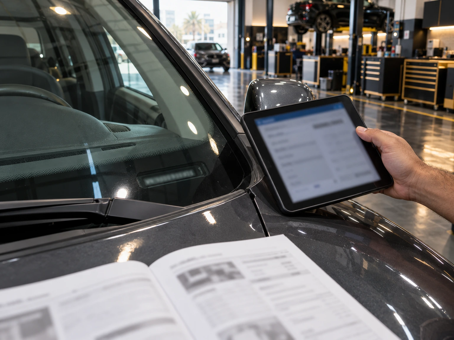 Tablet and service booklet beside a Honda windscreen VIN area