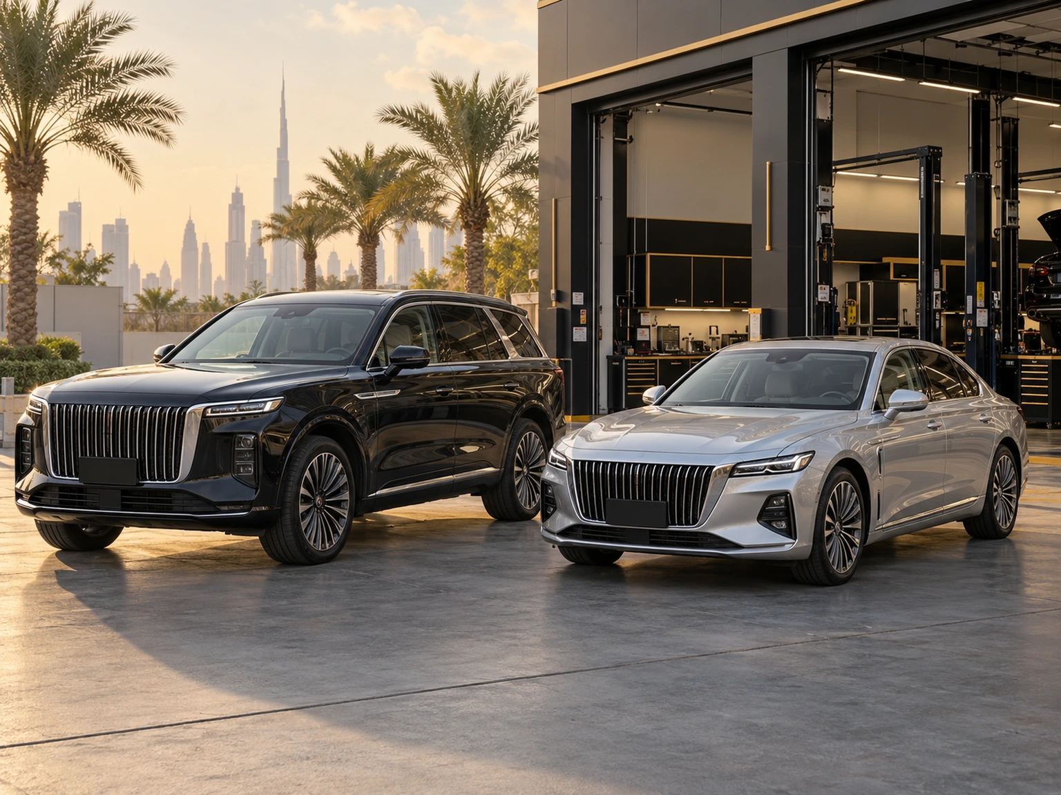 Hongqi E-HS9 style SUV and H5 style sedan outside a workshop