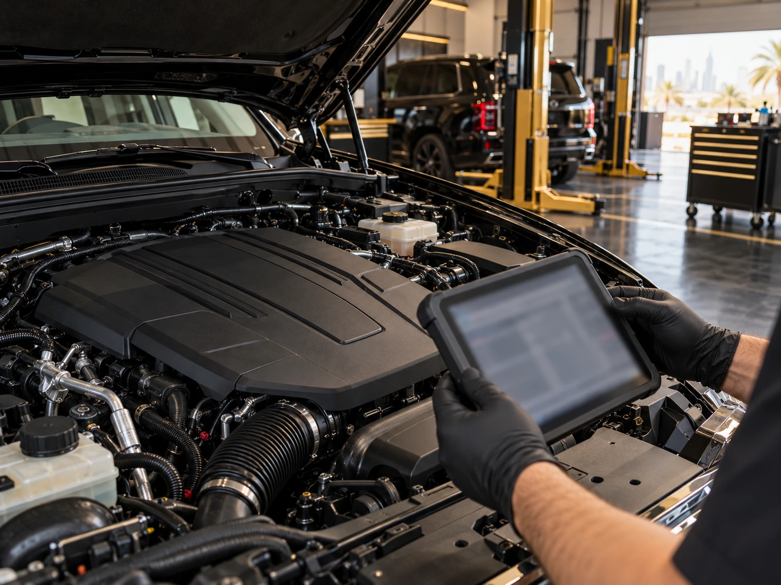 Diagnostic tablet beside a luxury SUV engine bay