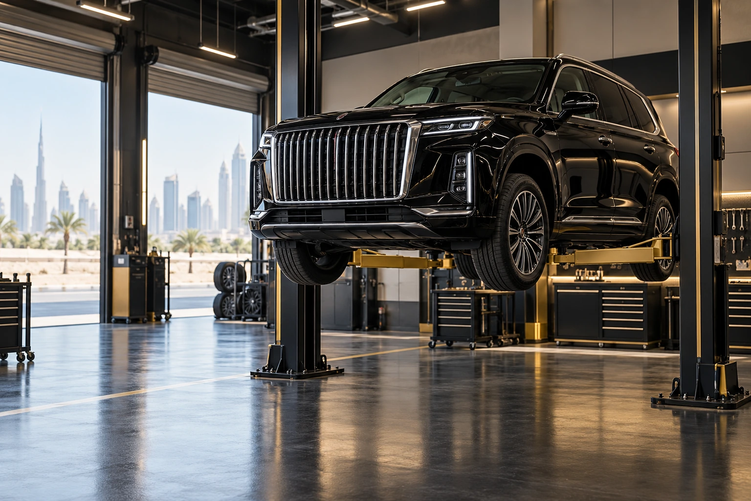 Dark Hongqi style luxury SUV on a two post lift in Dubai