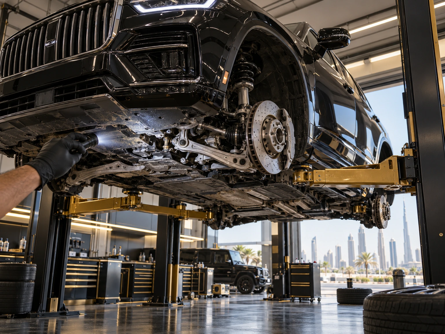 Luxury SUV suspension and underbody inspected with a torch