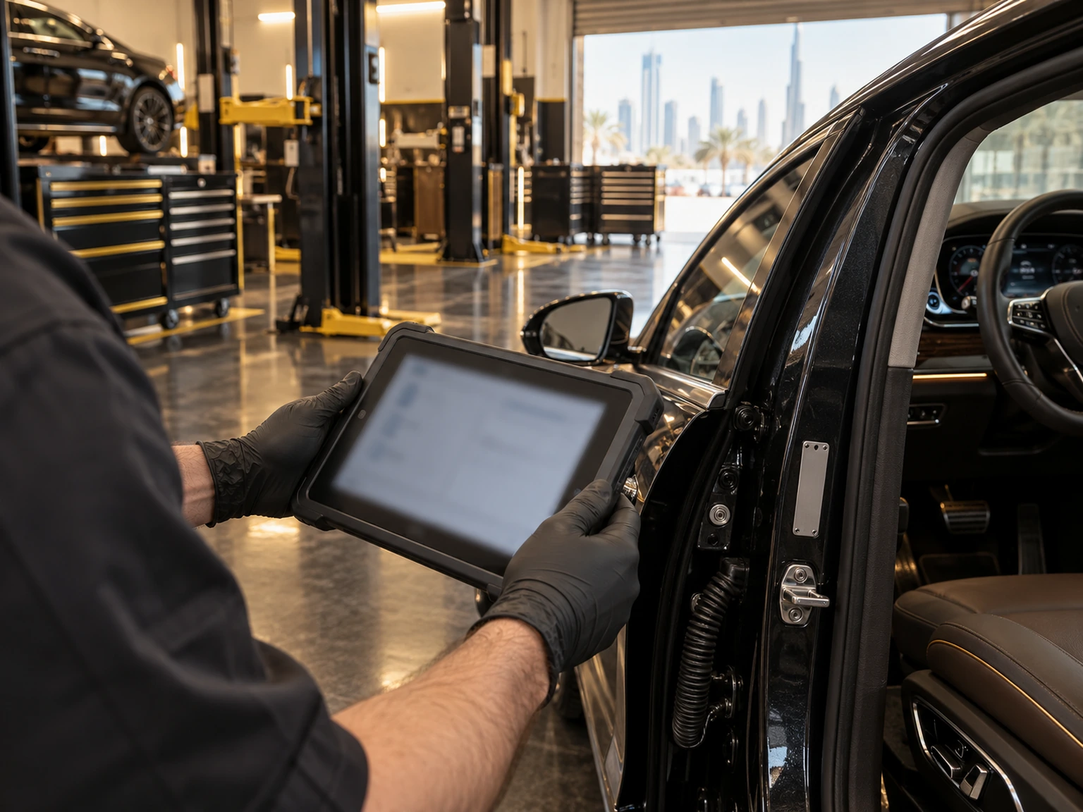 Technician checking vehicle information beside a luxury sedan