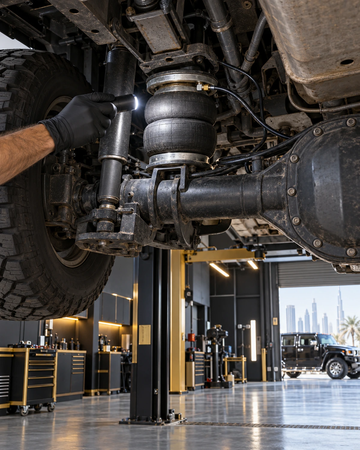 Rear air spring inspection beneath a Hummer H2 style SUV