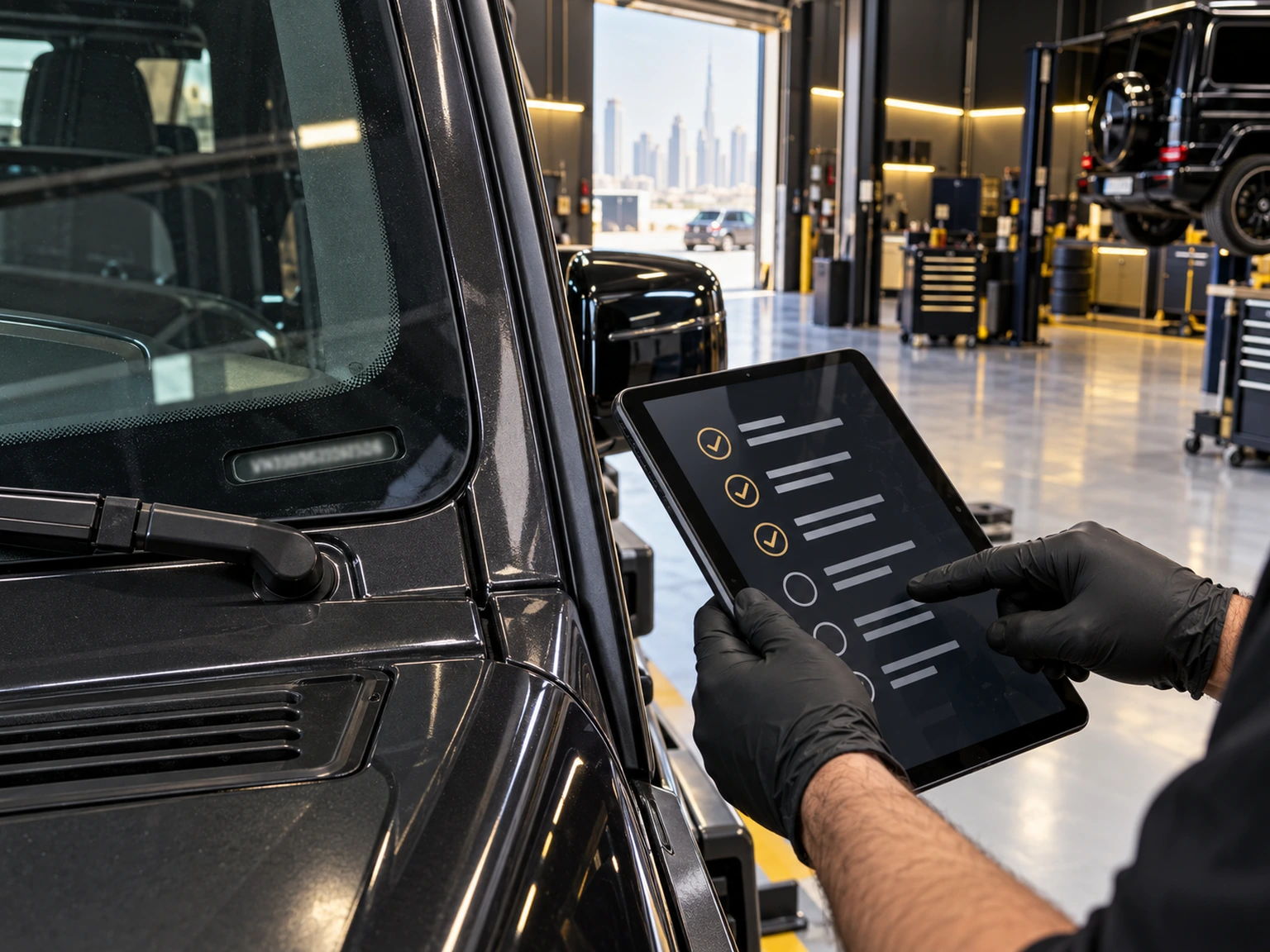 Technician checking vehicle history beside a windscreen VIN area